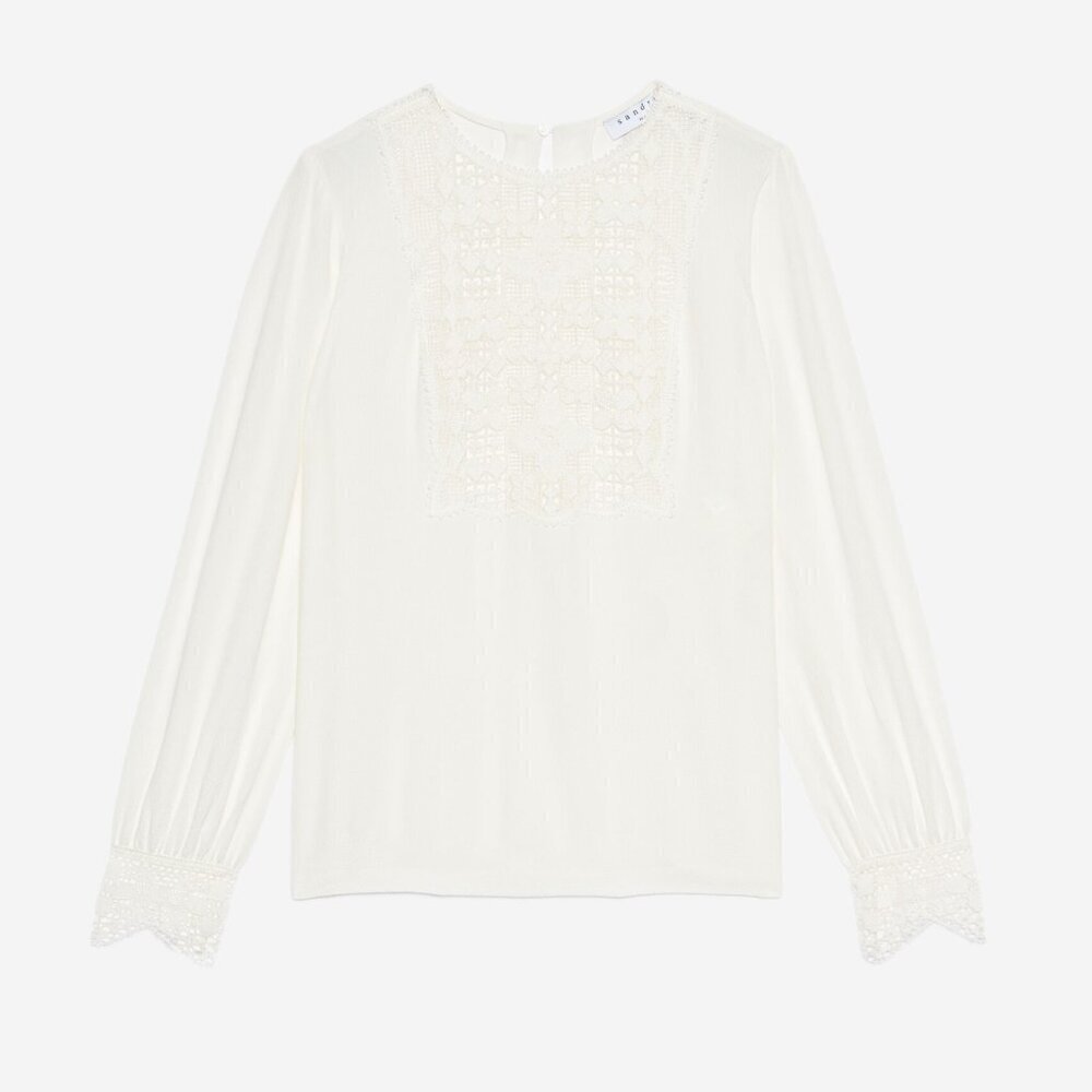 Sandro Paris Casey Lace Crepe Top Blouse Tunic Ecru Creme White Sz 2 - Picture 4 of 10